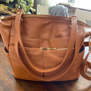 Tan leather Back and shoulder carry diaper bag